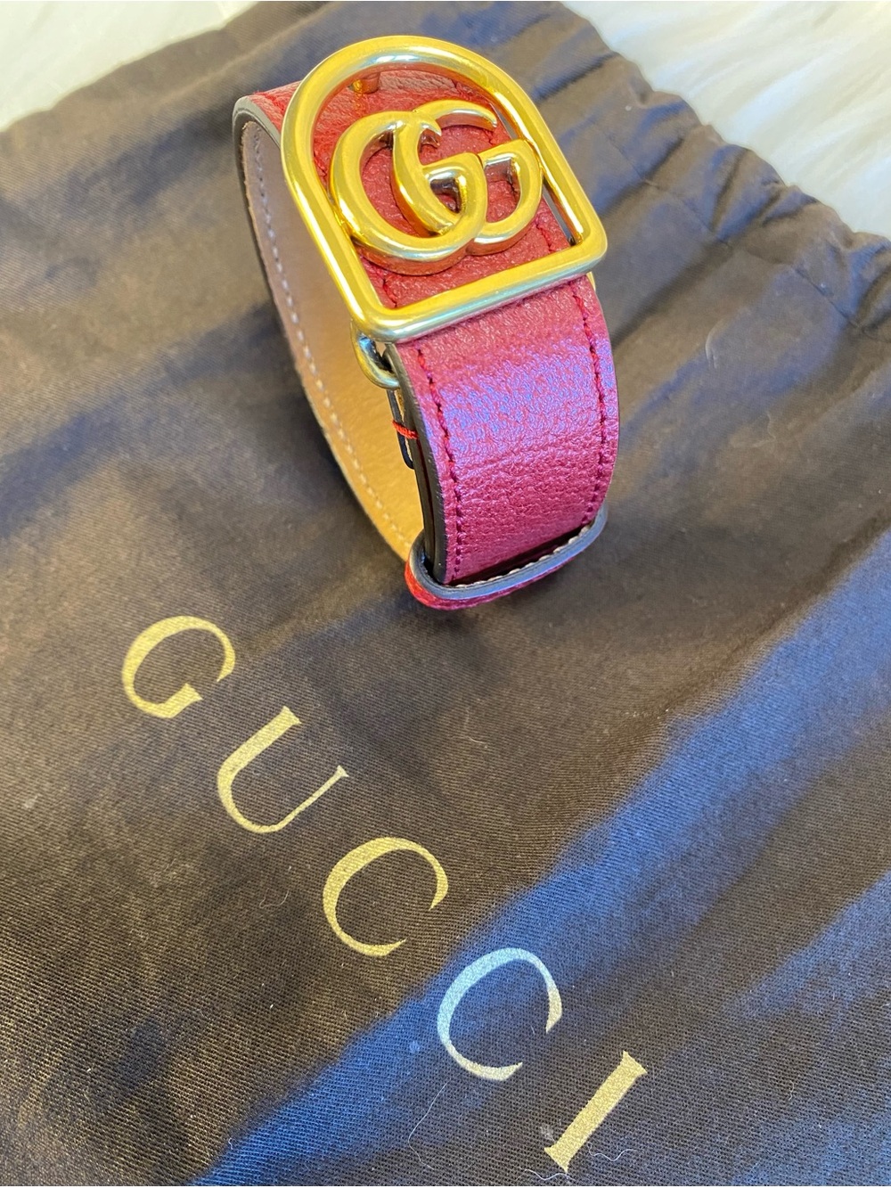 Gucci Marmont Red Leather Cuff Bracelet with Double G Buckle. Authentic.